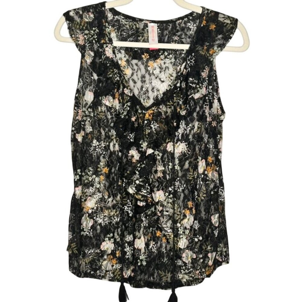90S Y2K Sheer Black Floral Lace Top Womens L Whimsigoth Fairygrunge Ruffle Sheer